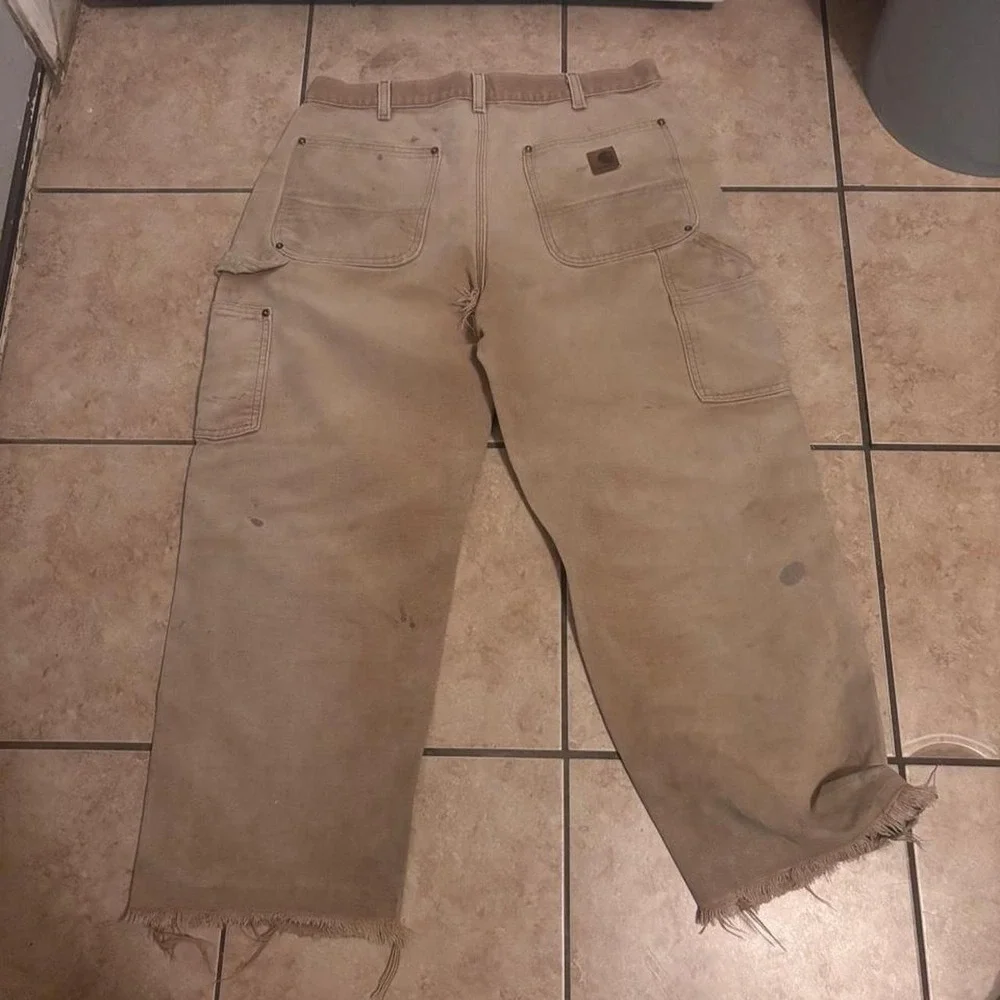 90s Carhartt double knee tan carpenter pants some visible wear shown Size 33x30